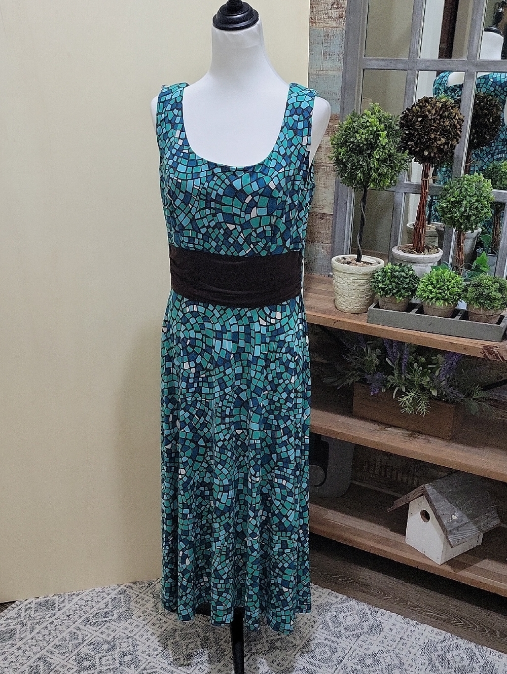 Perceptions Teal Mosaic Maxi Dress with Black Waistband Womens Sz 12